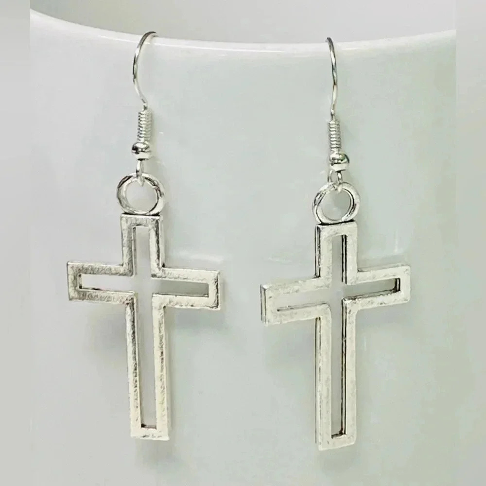 Silver Hollow Cross Christian Drop Earrings NWT